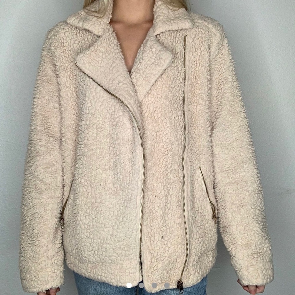 CREAM TEDDY FLEECE ZIP UP JACKET COAT